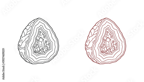 Outline geode or crystal with various pattern layer black and red color vector illustration