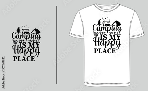 Vintage camping t-shirt design vector featuring mountain wilderness and outdoor adventure typography. Isolated on a professional t-shirt template for apparel mockup, branding, and summer camp gear.