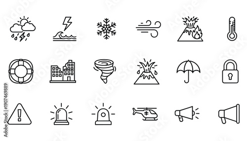 Outline vector icon set representing of natural disaster emergency and warning on transparent background