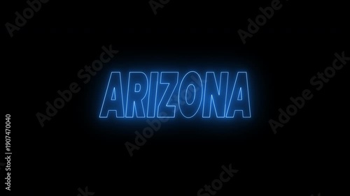 Arizona text animation in bright blue neon against black background. 4k animated typography Suitable for travel websites, desert themed designs, and south western inspired projects.