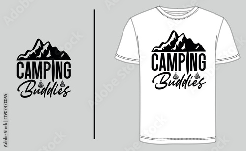 Vintage camping t-shirt design vector featuring mountain wilderness and outdoor adventure typography. Isolated on a professional t-shirt template for apparel mockup, branding, and summer camp gear.