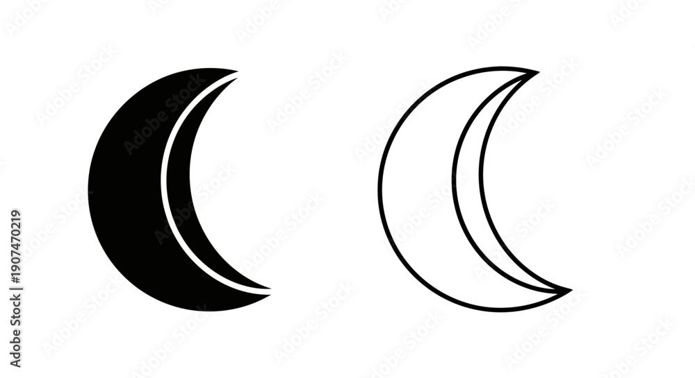 Fototapeta premium Crescent moon icon set. Includes solid black and outline versions of the celestial body symbol. Created in minimalist flat style with monochrome palette.