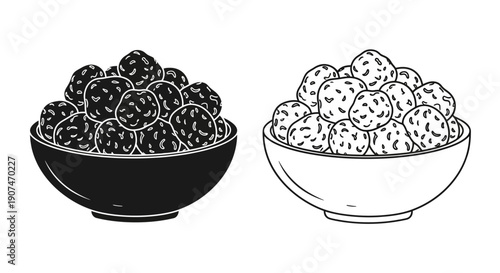 Bowl of meatballs vector illustration in two styles, black silhouette and outline. A serving of traditional savory food, perfect for restaurant menus or recipe designs.