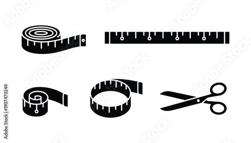 Set of different measuring tape equipment and scissors accessories tool for sewing craft concept