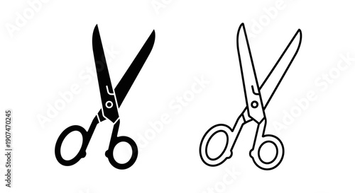 Two black vector scissors icons, one filled and one outline, representing cutting, tailoring, and hairdressing tools, isolated on a transparent background.