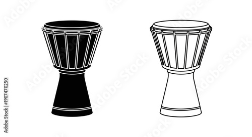 Two African djembe drums vector illustration, one solid black and one outline, isolated on a white background. Traditional West African goblet-shaped percussion instruments.