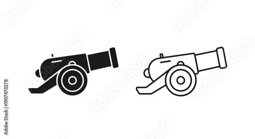 Black cannon vector icon set. Includes two variations of a vintage artillery weapon: one solid fill and one outline. Created in a minimalist flat style with a monochrome black and white palette.