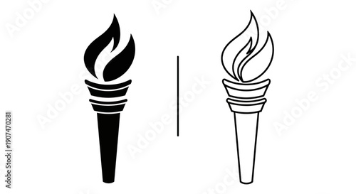 Torch flame icon collection. Includes olympic, fire, light, success, victory, and power symbols. Created in solid and outline styles with a black and white palette.