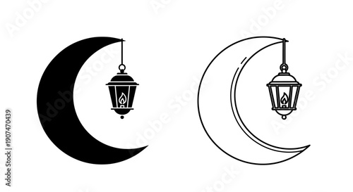 Crescent moon and lantern icon collection. Includes two variations of the symbol: a solid black fill and a black outline. Created in a minimalist flat style with a monochrome palette.