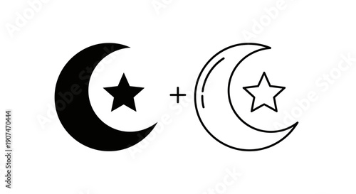 Islamic crescent moon and star icon set. Includes solid fill and outline versions of the religious symbol. Created in minimalist black and white style.