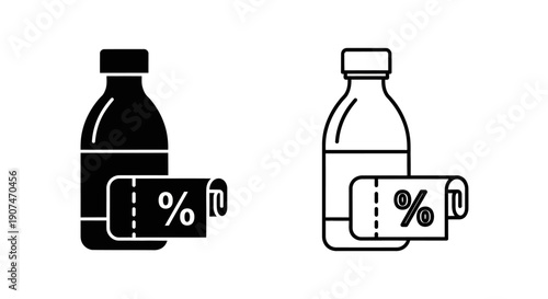 Bottle and discount coupon icon collection. Includes beverage, drink, soda, water, milk, and juice bottle symbols with a percentage coupon. Created in solid and outline styles with a black and