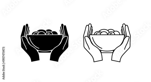 Hands holding a bowl of food icon collection. Includes two distinct styles: a solid black silhouette and a clean outline version. Created in a minimalist vector style with a monochrome black and