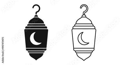 Ramadan lantern icon set. Includes two variations of a hanging lantern with a crescent moon symbol. Created in a flat and outline style with a black and white palette.