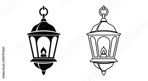 Black and white vector lantern icon set with candle flame, solid fill and outline versions, isolated on white