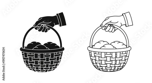 Hand holding wicker basket with bread loaves, black silhouette and outline vector illustration isolated on white