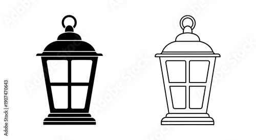 Black silhouette and outline vector icon of a vintage street lamp or lantern, isolated on white