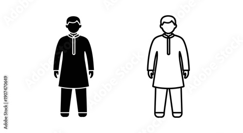 Indian man in traditional kurta pajama outfit, black silhouette and outline vector icon, isolated on white