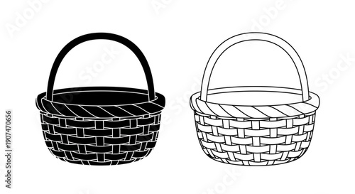 Wicker basket vector icon set, black silhouette and outline, empty picnic or Easter basket isolated on white