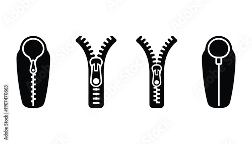 Sleeping bag with zipper and pull in black camping outdoor adventure equipment isolated vector set