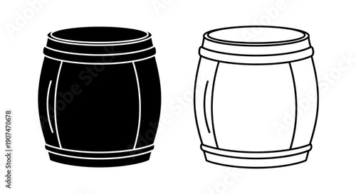 Black silhouette and outline vector barrel icon set, wooden cask for wine, beer, rum, whiskey, isolated on white