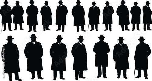 Vector collection of vintage gangster silhouettes featuring men in fedoras and trench coats, classic retro cars, and 1920s mafia noir