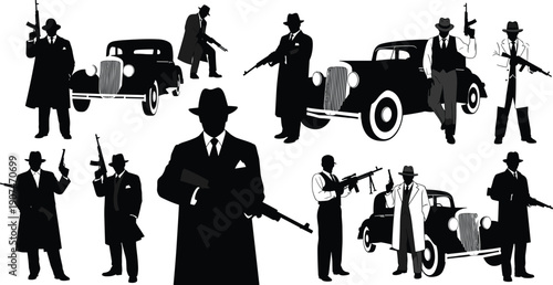 Vector collection of vintage gangster silhouettes featuring men in fedoras with tommy guns, classic retro cars, and 1920s mafia noir