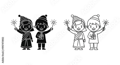 Cartoon vector illustration of two children in traditional clothing holding sparklers, black and white outline and solid versions, isolated on white