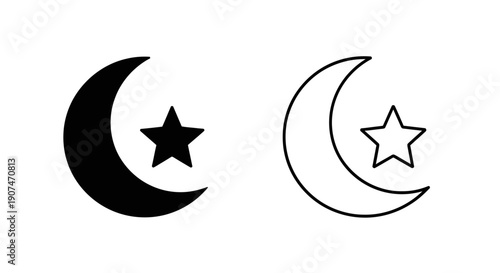 Black crescent moon and star vector icon set, solid and outline symbols, isolated on white