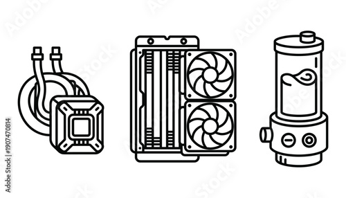Three different liquid cooling system designs representing computer hardware element