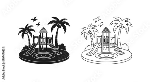 Black and white vector playground icon with palm trees and slides, kids park illustration, isolated on white