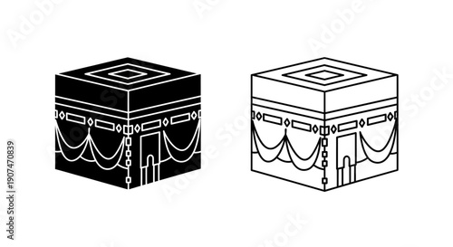 Kaaba isometric vector icon set, black filled and outline line art, Islamic pilgrimage symbol isolated on white