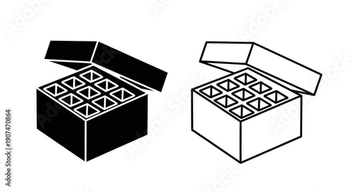 Vector black and outline chocolate box with nine compartments, open lid, isometric view, isolated on white