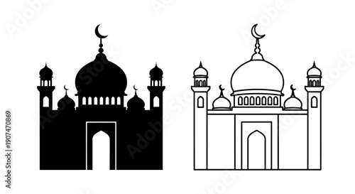 Black silhouette and outline vector icon of a mosque with domes and minarets, isolated on white