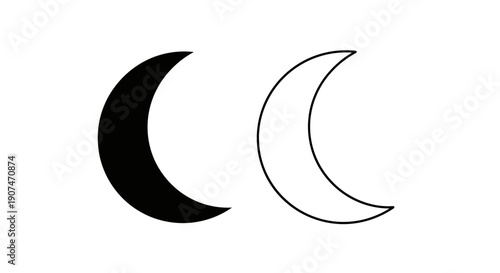 Black crescent moon and outline vector icon set, simple celestial symbol isolated on white