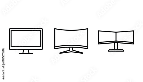 Three different monitor designs representing computer hardware peripheral in black and white