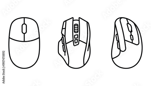 Three different mouse designs representing computer hardware peripheral in black and white