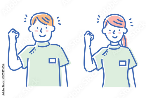 笑顔でガッツポーズする若い看護師の男女イラストセット