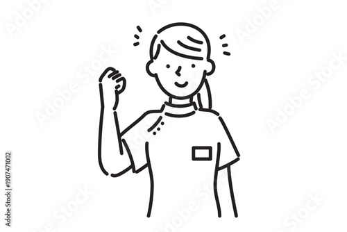 ケーシー白衣を着て笑顔でガッツポーズする若い看護師の女性イラスト　白黒