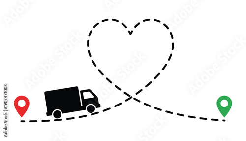 Truck rides heart delivery vector design start location and destination concept