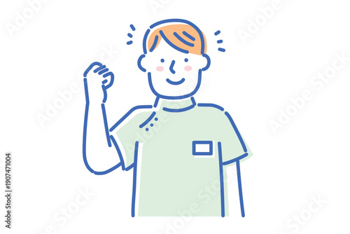 ケーシー白衣を着て笑顔で働く若い看護師の男性イラスト