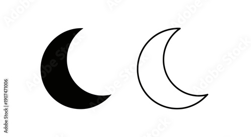 Black crescent moon icon and outline vector, isolated on white