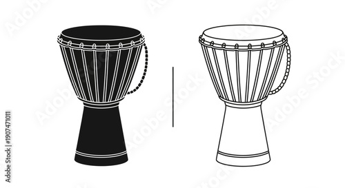 African djembe drum vector icon set, black filled and outline musical instrument, isolated on white
