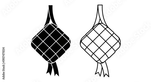 Ketupat vector icon set, traditional Indonesian and Malaysian rice cake, black silhouette and outline, isolated on white