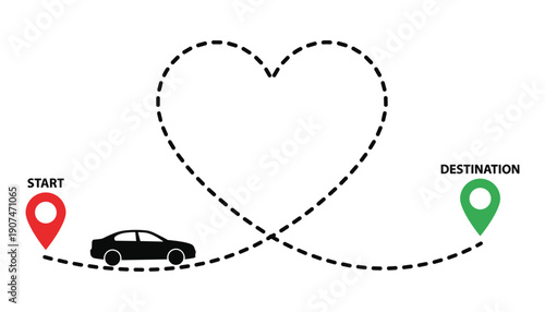 Vehicle driving along heart shape dotted path from start to destination point pin