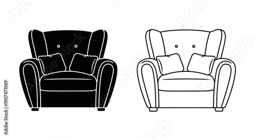 Black silhouette and outline vector armchair icon with cushions, furniture illustration isolated on white