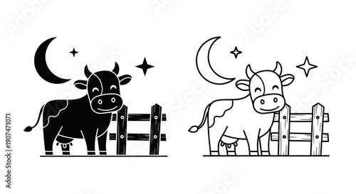 Cute cartoon cow standing by wooden fence at night with moon and stars, black silhouette and outline vector illustration isolated on white