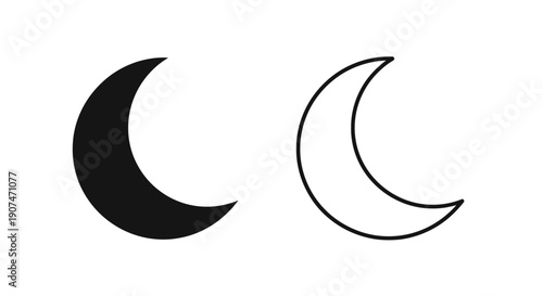 Black crescent moon icon and outline vector, sleep mode symbol, night time UI element isolated on white