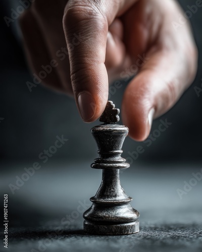 Close-up of Hand Moving Black Chess King Piece