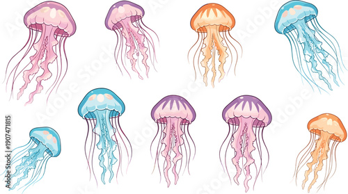 Collection of colorful cartoon jellyfish, cute marine animals, ocean creatures, soft pastel sea life, vector illustration set