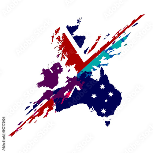United Kingdom and Australia map silhouettes crossed by dynamic flag paint stroke. Vector concept for travel, migration, sport rivalry, and commonwealth connection.